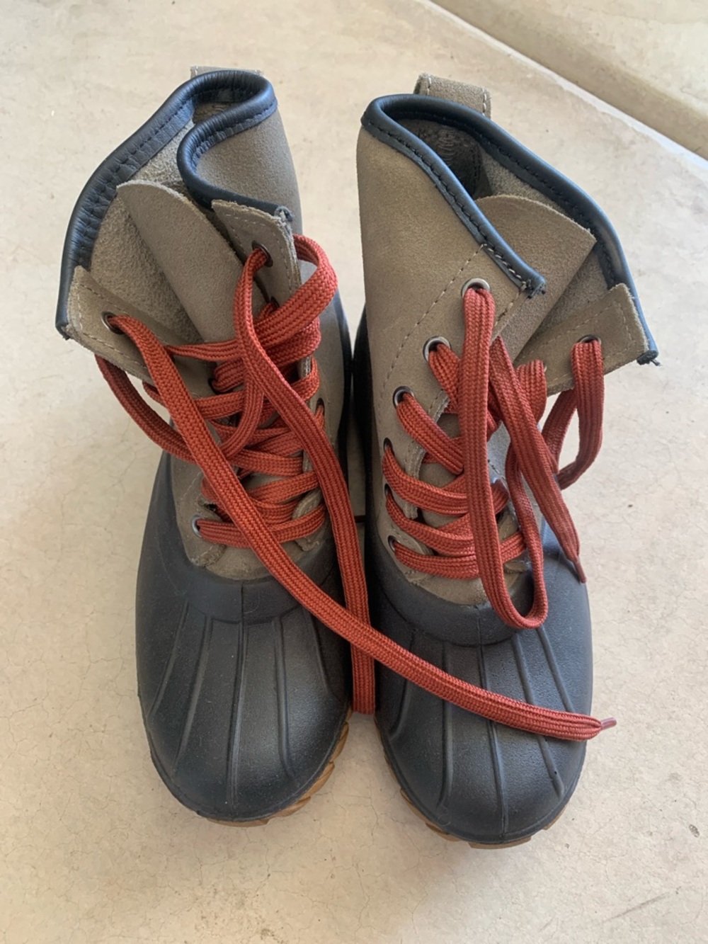 LaCrosse Two-Tone Duck Boots in Gray, Brown and Rust Laces